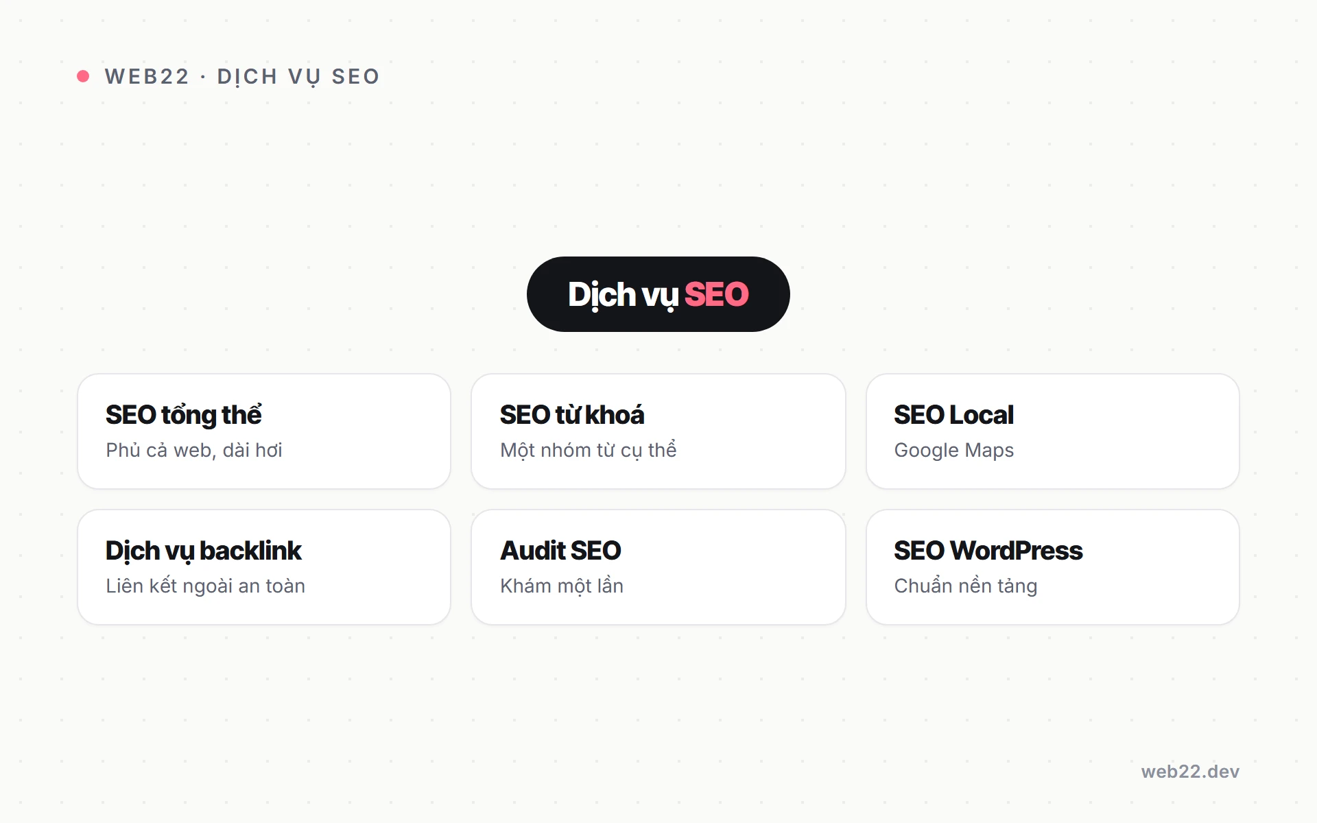 Dịch vụ SEO cho website, để đúng khách tìm ra bạn trên Google 10 Sơ đồ sáu hướng dịch vụ SEO Web22 nhận làm: SEO tổng thể, SEO từ khoá, SEO Local Google Maps, dịch vụ backlink, audit SEO, SEO WordPress