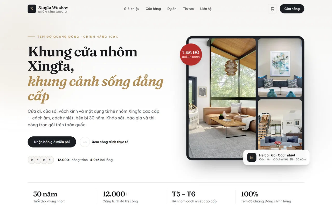 Dịch vụ WooCommerce 5 Trang chủ web bán hàng nhôm kính Xingfa với khối cấu hình sản phẩm cửa nhôm
