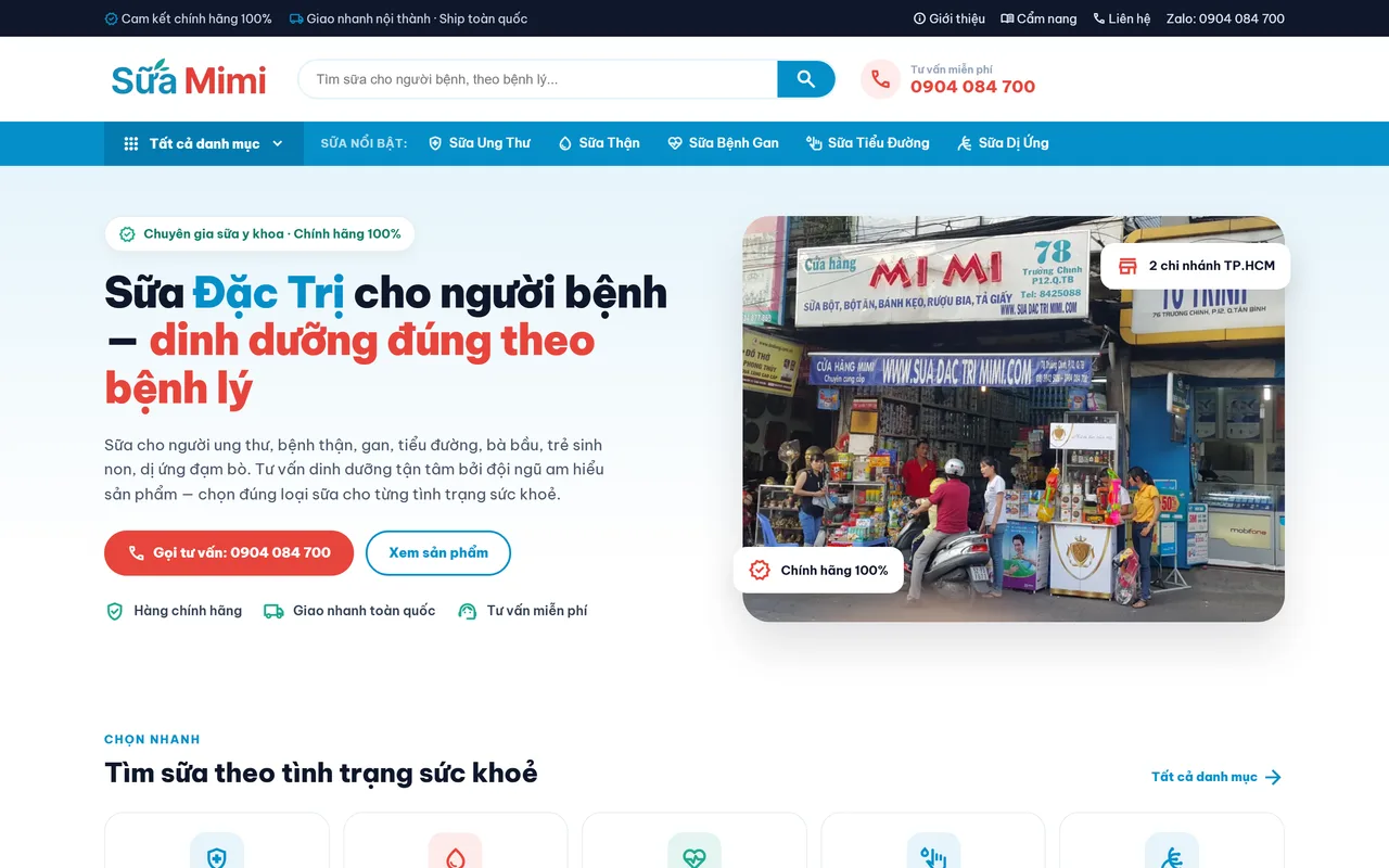 Dịch vụ WooCommerce 4 Trang chủ website bán hàng Sữa Đặc Trị MiMi với thanh tìm sữa theo bệnh lý