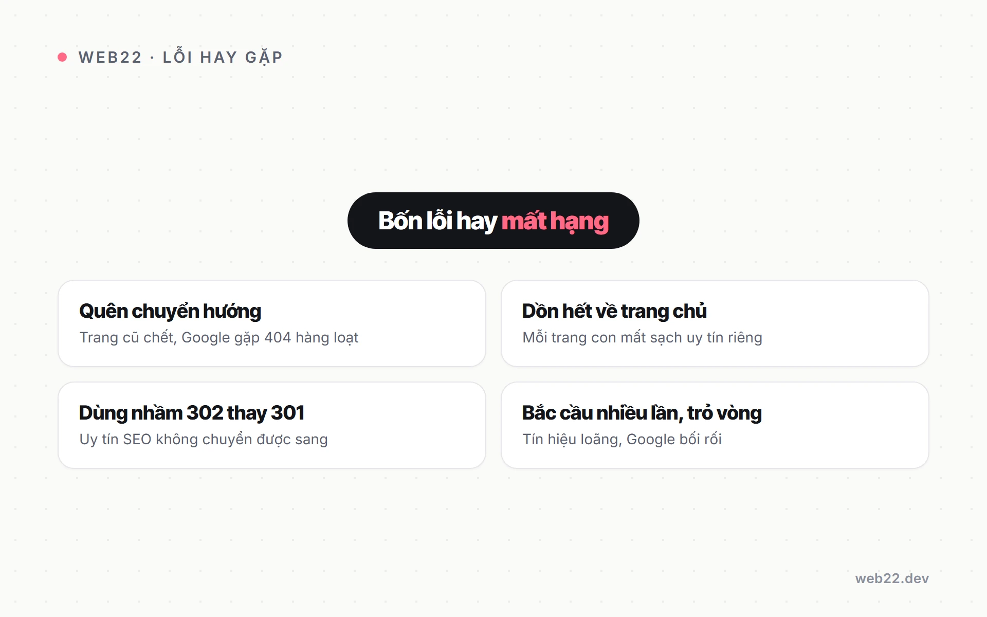 Chuyển nền tảng website giữ nguyên SEO và thứ hạng Google 7 Bốn lỗi hay khiến mất thứ hạng khi chuyển nền tảng website: quên chuyển hướng, dồn hết về trang chủ, dùng nhầm 302 thay 301, bắc cầu nhiều lần trỏ vòng