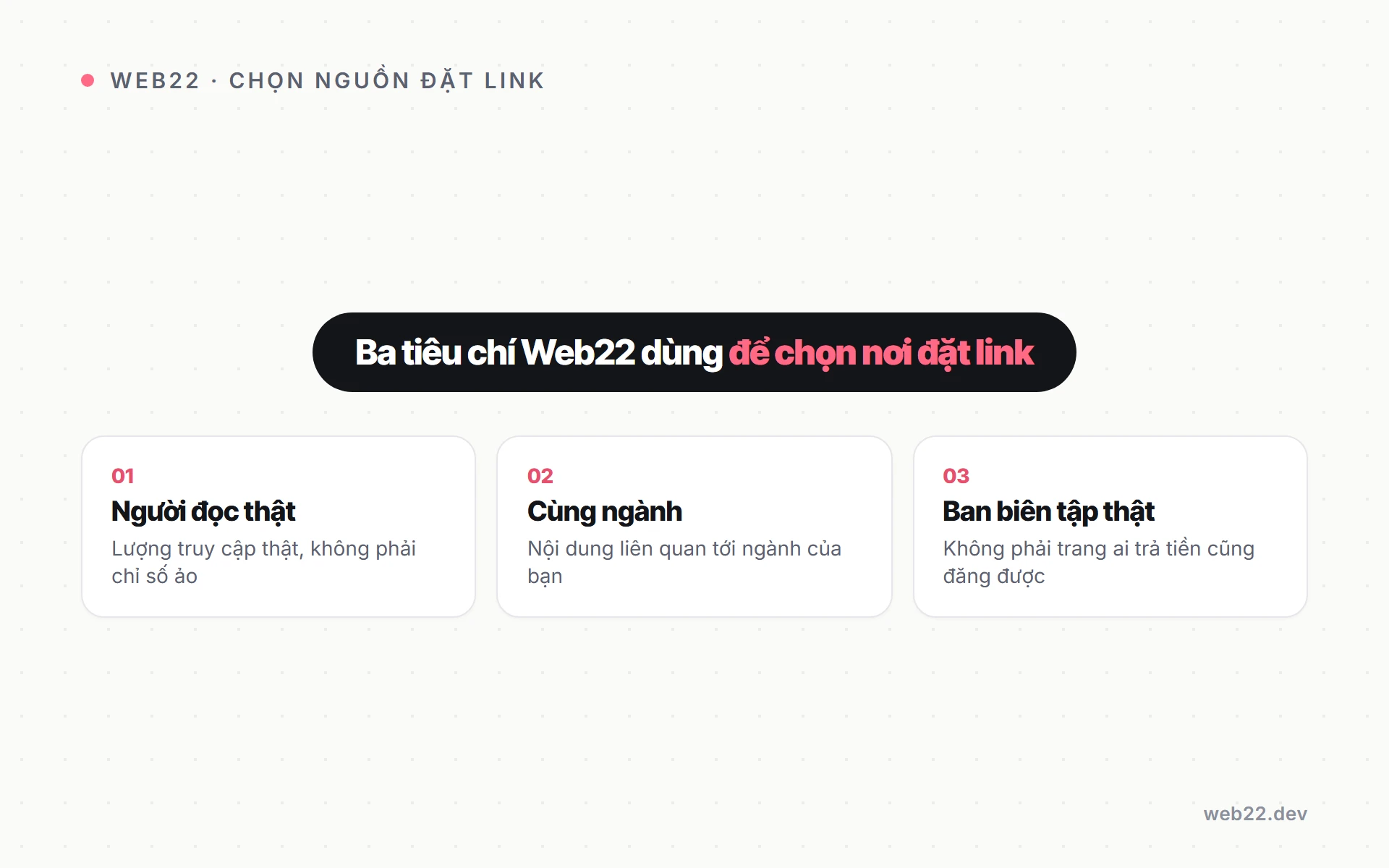 Ba tiêu chí Web22 dùng để chọn nơi đặt link, người đọc thật, cùng ngành, ban biên tập thật