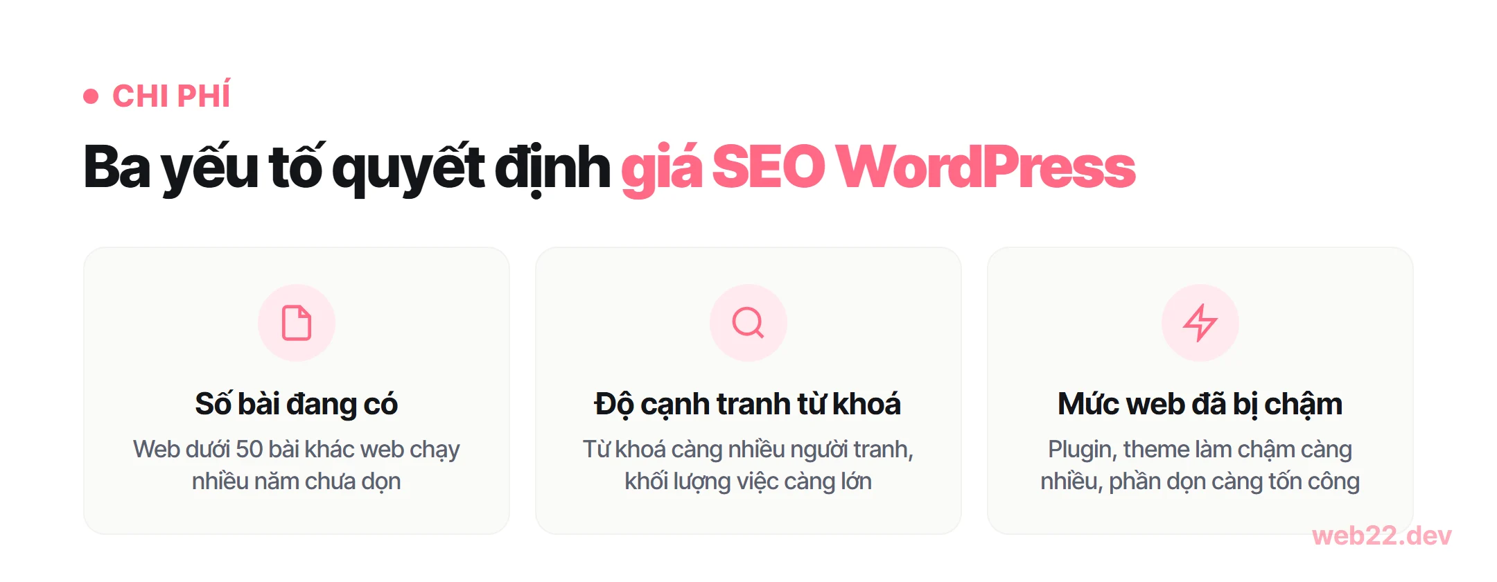 Dịch vụ SEO WordPress, dọn sạch phần kỹ thuật đang cản Google xếp hạng 4 Ba yếu tố quyết định giá dịch vụ SEO WordPress: số bài đang có, độ cạnh tranh từ khoá, mức web đã bị chậm