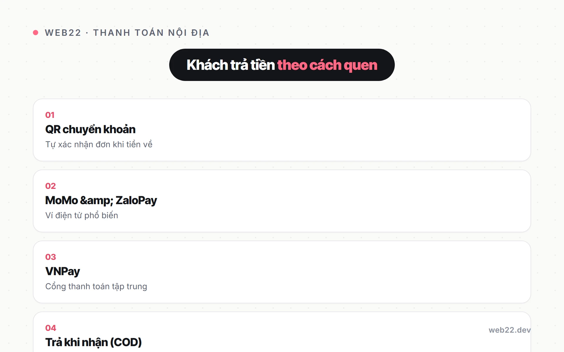 Dịch vụ WooCommerce, làm chủ web bán hàng của riêng bạn 15 Sơ đồ bốn cách thanh toán nội địa Web22 nối vào WooCommerce: QR chuyển khoản, MoMo và ZaloPay, VNPay, trả khi nhận hàng