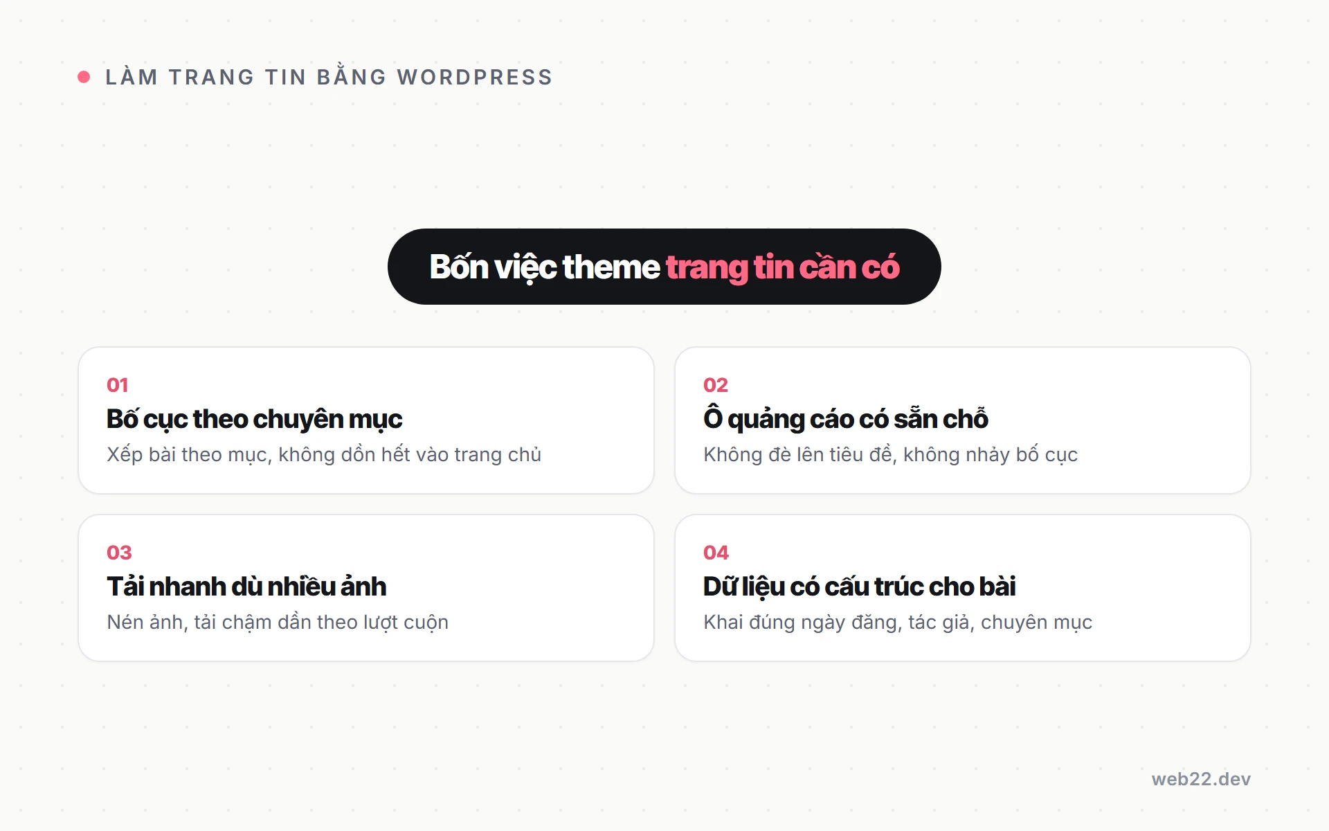 Làm trang tin tức bằng WordPress, chuẩn bị gì để không sập giờ cao điểm 6 Bốn việc theme trang tin tức WordPress cần có, bố cục theo chuyên mục, ô quảng cáo có sẵn chỗ, tải nhanh dù nhiều ảnh, dữ liệu có cấu trúc cho bài