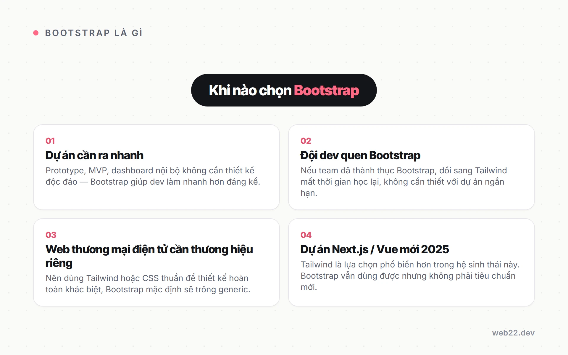 Bootstrap là gì và khi nào web dùng framework CSS này trông giống hàng ngàn trang khác 4 Khi nào nên chọn Bootstrap và khi nào nên cân nhắc Tailwind hoặc CSS thuần