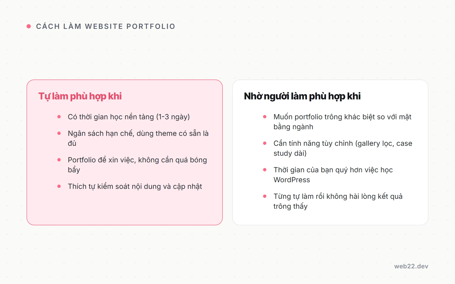 Cách làm website portfolio từng bước và khi nào nên nhờ người làm 5 So sánh tự làm website portfolio và nhờ người làm: tự làm phù hợp khi có thời gian và ngân sách thấp, thuê người khi cần khác biệt