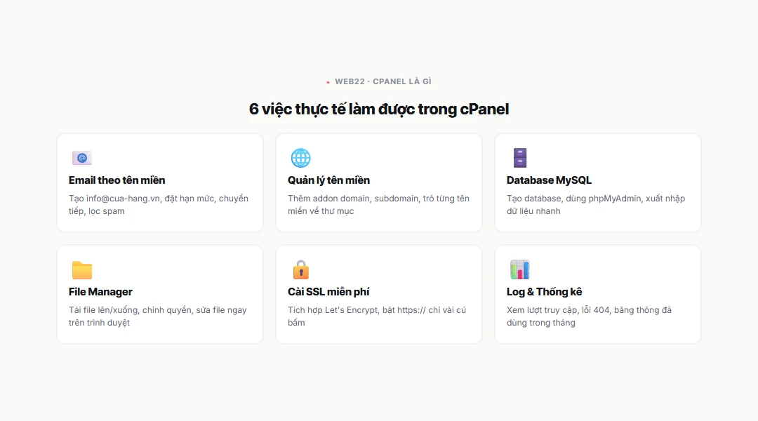 cPanel là gì và chủ web làm được gì trong bảng điều khiển này 3 Sáu nhóm tính năng chính của cPanel: email theo tên miền, quản lý tên miền, database MySQL, File Manager, cài SSL và xem log truy cập