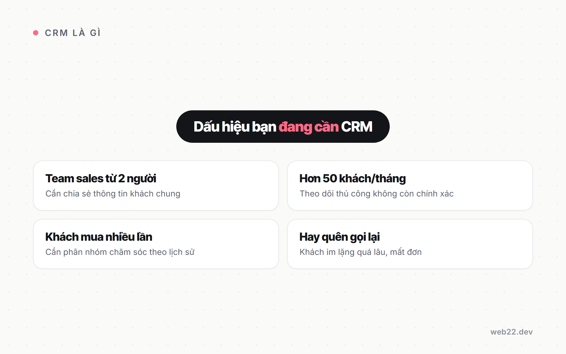 Bốn dấu hiệu cho thấy doanh nghiệp đang cần hệ thống CRM: team sales nhiều người, khách tháng vượt 50, khách mua lại, hay quên gọi lại