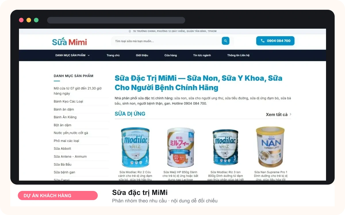Thiết kế website để khách dễ tìm thông tin, bạn dễ quản trị và mở rộng 20 Giao diện website Sữa Đặc Trị MiMi do Web22 thực hiện