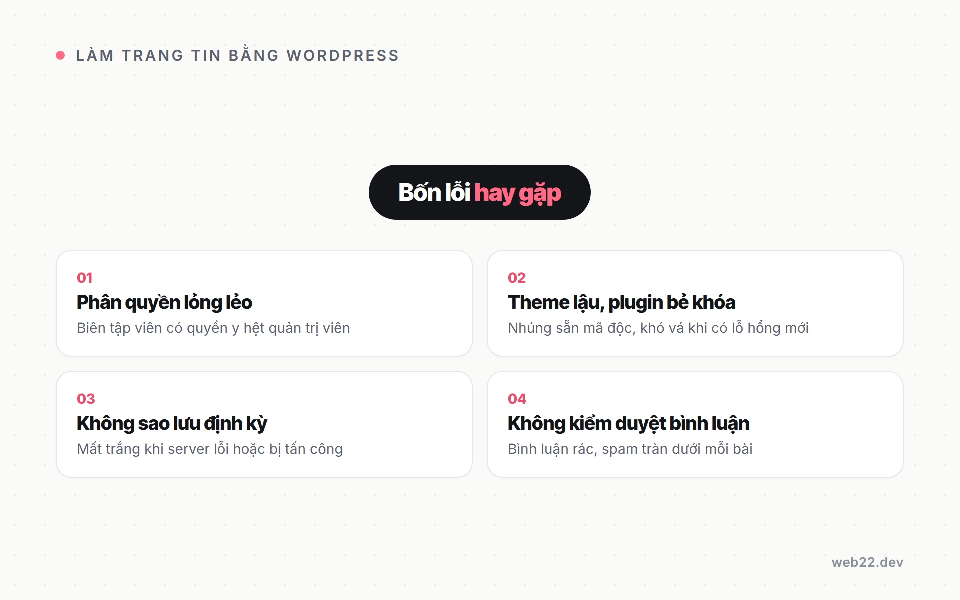 Làm trang tin tức bằng WordPress, chuẩn bị gì để không sập giờ cao điểm 9 Bốn lỗi hay gặp khi tự dựng trang tin tức bằng WordPress, phân quyền lỏng lẻo, theme lậu plugin bẻ khóa, không sao lưu định kỳ, không kiểm duyệt bình luận