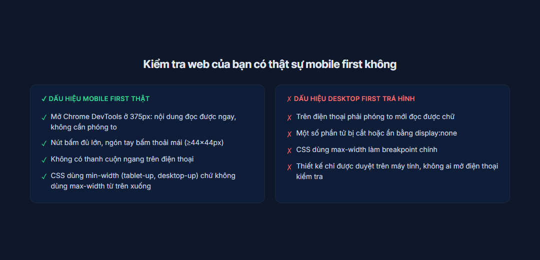 Checklist dấu hiệu mobile first thật và desktop first trá hình