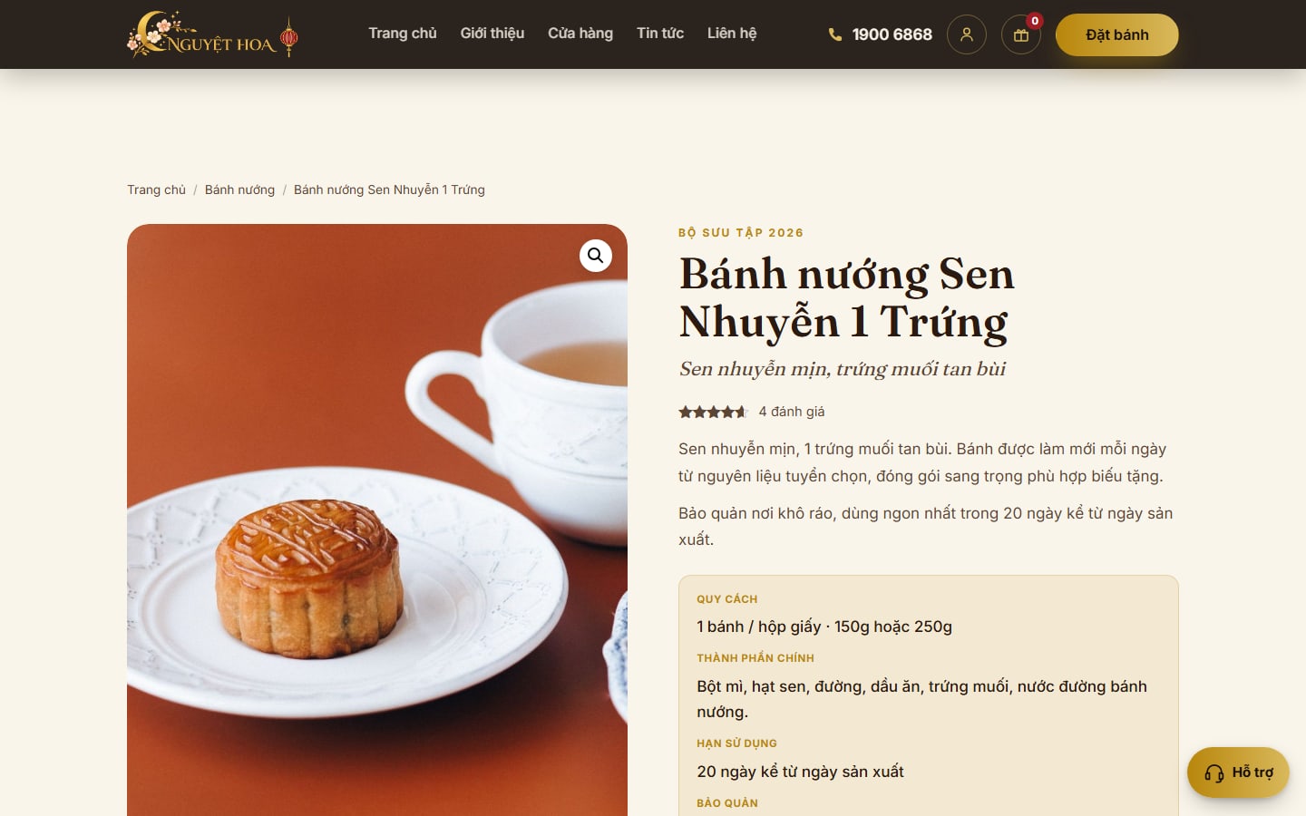 Trang chi tiết bánh với bảng quy cách và hạn sử dụng