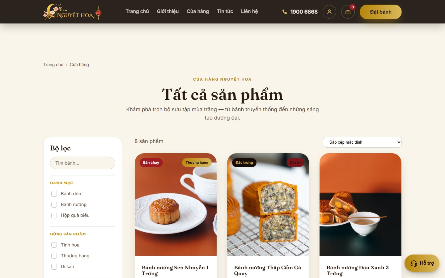 Trang cửa hàng Nguyệt Hoa với bộ lọc bên trái