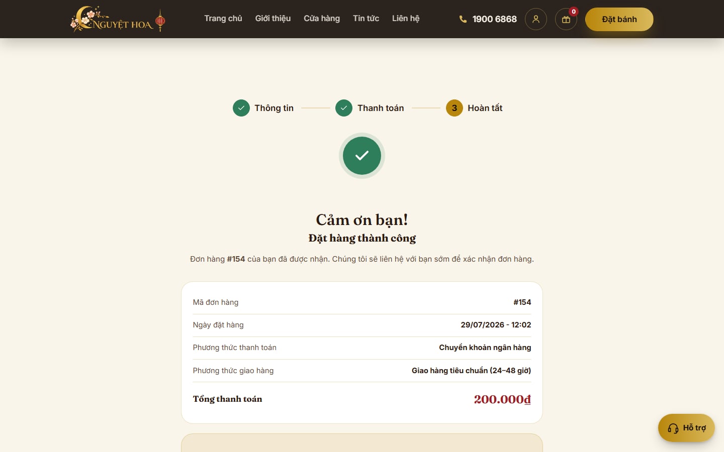 Trang đặt hàng hoàn tất kèm mã QR chuyển khoản