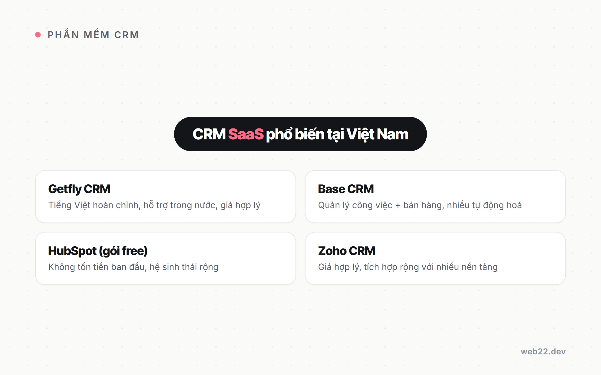 Phần mềm CRM nào phù hợp, so sánh ba nhóm theo quy mô doanh nghiệp 7 Bốn phần mềm CRM SaaS phổ biến tại Việt Nam: Getfly CRM, Base CRM, HubSpot gói free và Zoho CRM