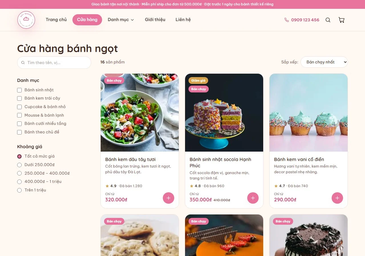 Trang danh mục sản phẩm Mây Bakery với ảnh từng món, giá rõ ràng và nút thêm vào giỏ hàng