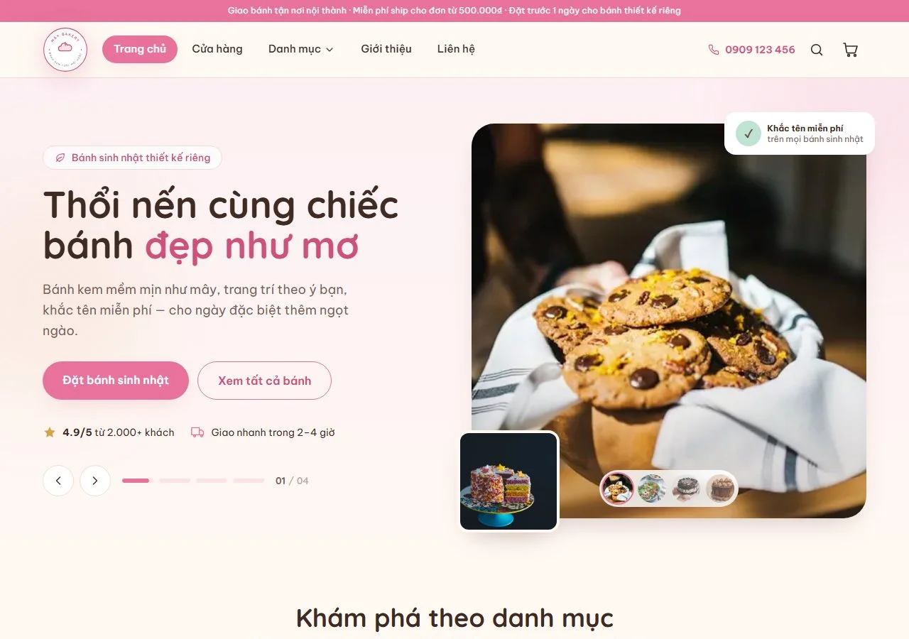 Trang chủ web bán bánh Mây Bakery với ảnh sản phẩm thật, menu rõ ràng và nút đặt hàng