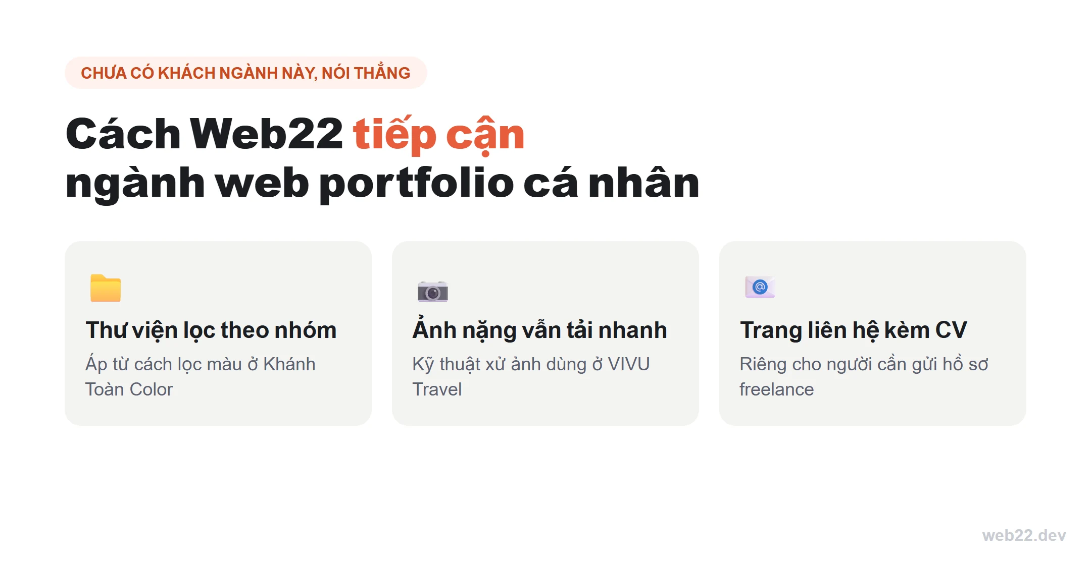 Thiết kế website portfolio cá nhân cho nhiếp ảnh gia và freelancer 8 Sơ đồ cách Web22 tiếp cận ngành web portfolio cá nhân khi chưa có khách thật: thư viện lọc theo nhóm áp từ Khánh Toàn Color, xử ảnh nặng vẫn tải nhanh áp từ VIVU Travel, trang liên hệ kèm CV cho freelancer
