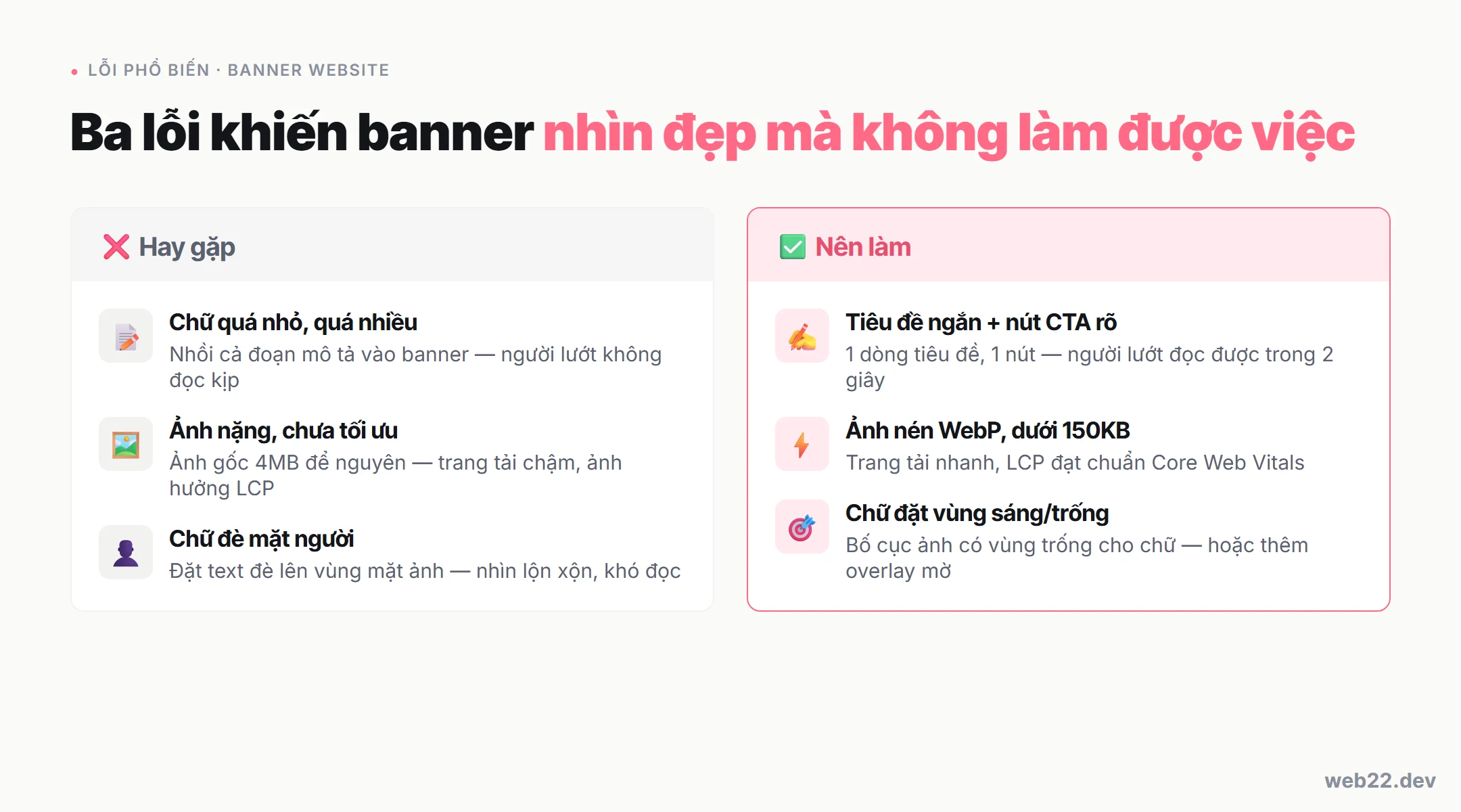 Sơ đồ so sánh lỗi phổ biến và cách làm đúng khi thiết kế banner website: chữ nhỏ, ảnh nặng, chữ đè mặt người