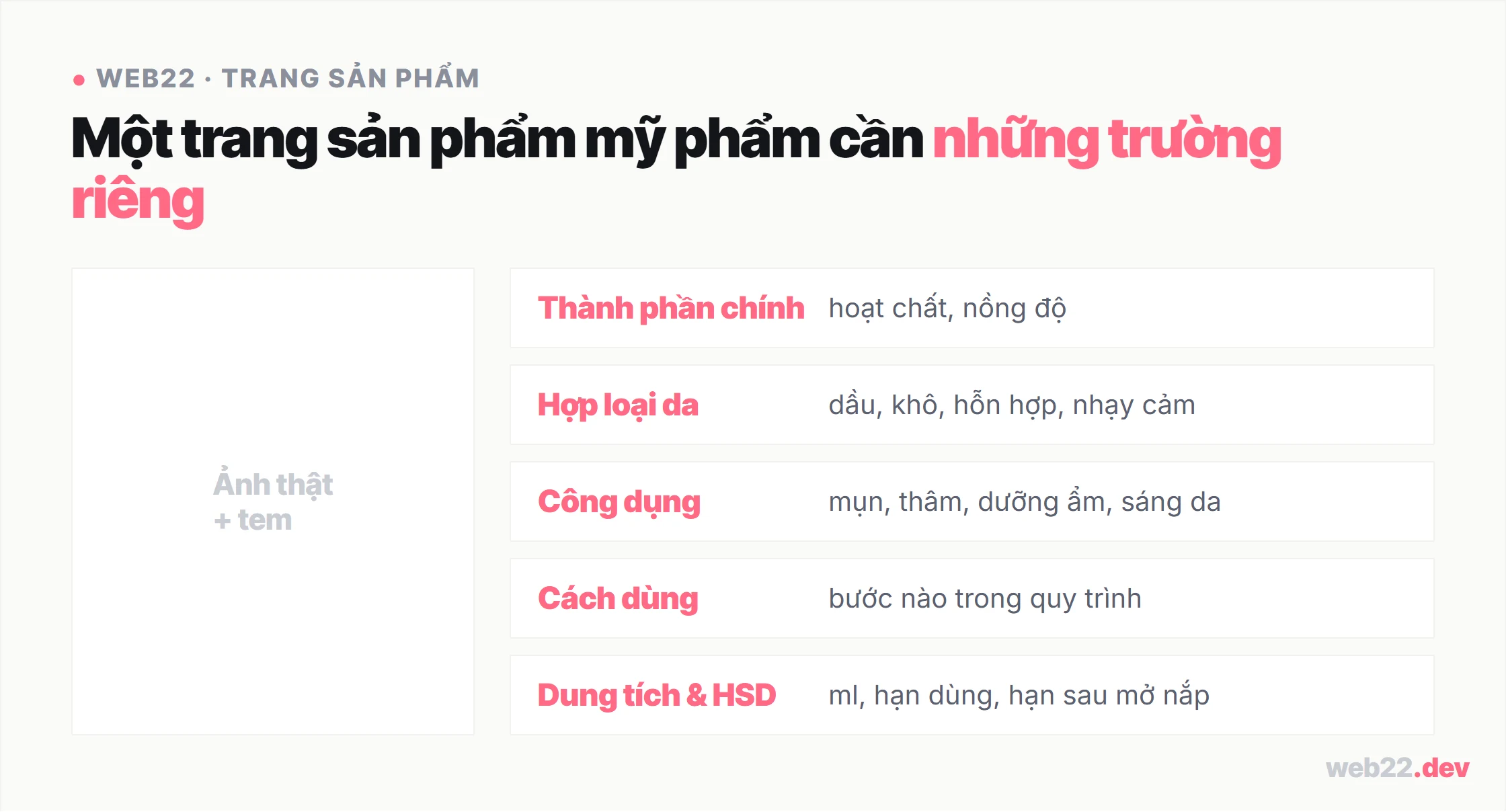 Thiết kế website mỹ phẩm bán bằng thành phần và loại da 6 Sơ đồ trang sản phẩm mỹ phẩm cần các trường riêng gồm thành phần chính hoạt chất, hợp loại da, công dụng, cách dùng, dung tích và hạn sử dụng