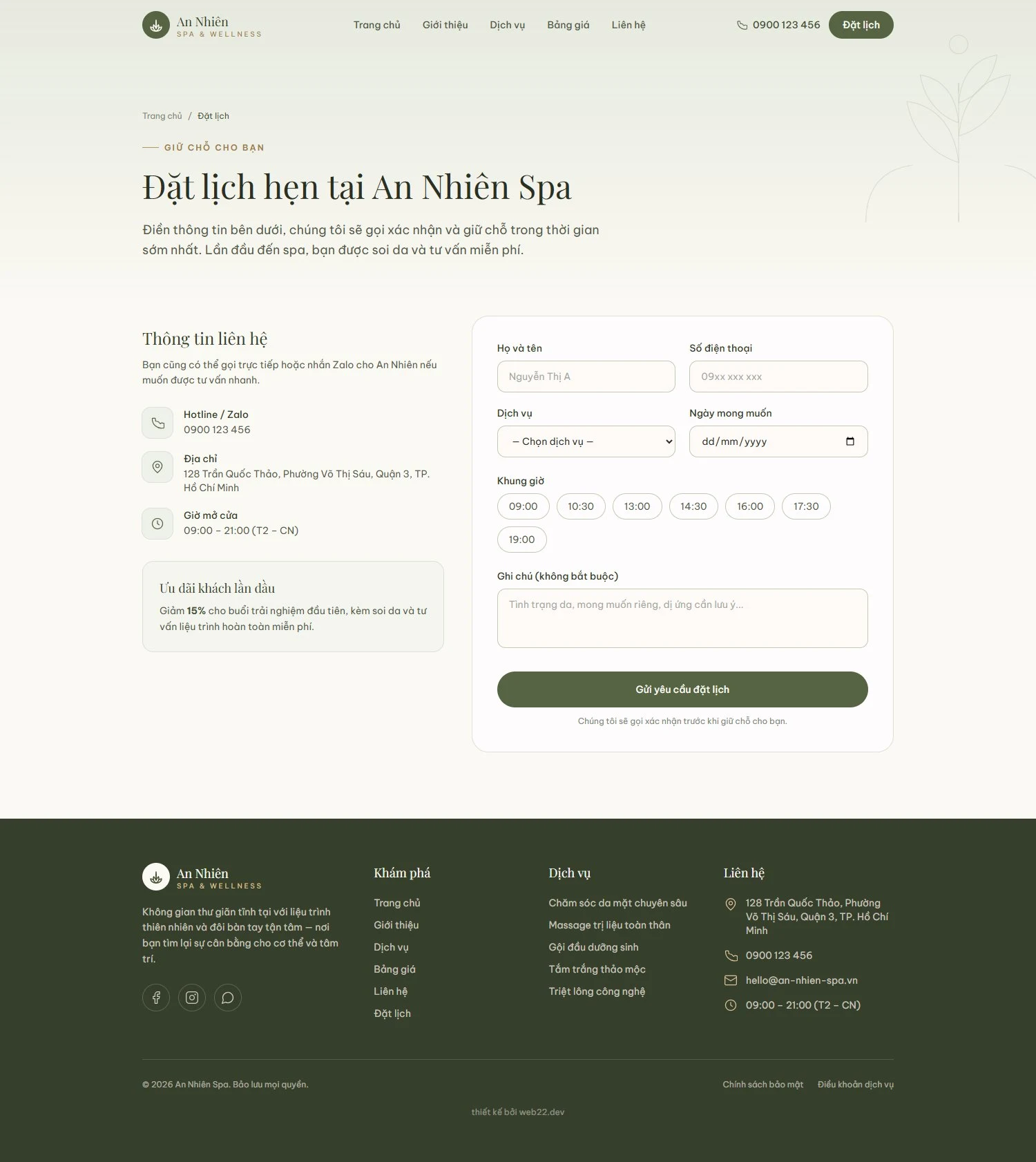 Thiết kế website yoga, học viên chọn đúng lớp rồi đặt liền 3 Trang đặt lịch theo buổi của web mẫu An Nhiên, gần với cách vận hành một phòng tập yoga
