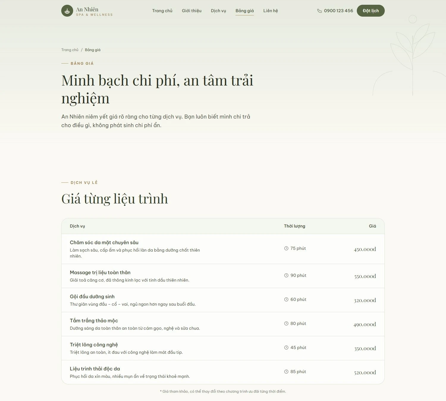 Thiết kế website yoga, học viên chọn đúng lớp rồi đặt liền 4 Bảng gói dịch vụ niêm yết công khai của web mẫu An Nhiên