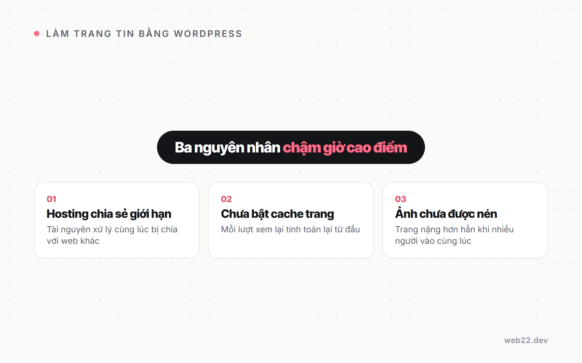 Làm trang tin tức bằng WordPress, chuẩn bị gì để không sập giờ cao điểm 7 Ba nguyên nhân khiến trang tin tức WordPress chậm vào giờ cao điểm, hosting chia sẻ giới hạn, chưa bật cache trang, ảnh chưa được nén