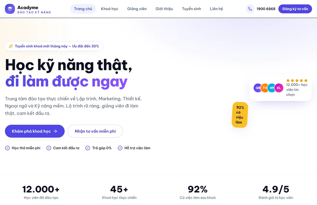 Thiết kế website tuyển dụng và sàn việc làm 10 Ảnh chụp giao diện nền học trực tuyến Acadyme do Web22 thiết kế, mảng gần với web tuyển dụng vì cùng có danh mục lọc và luồng đăng ký nhiều bước