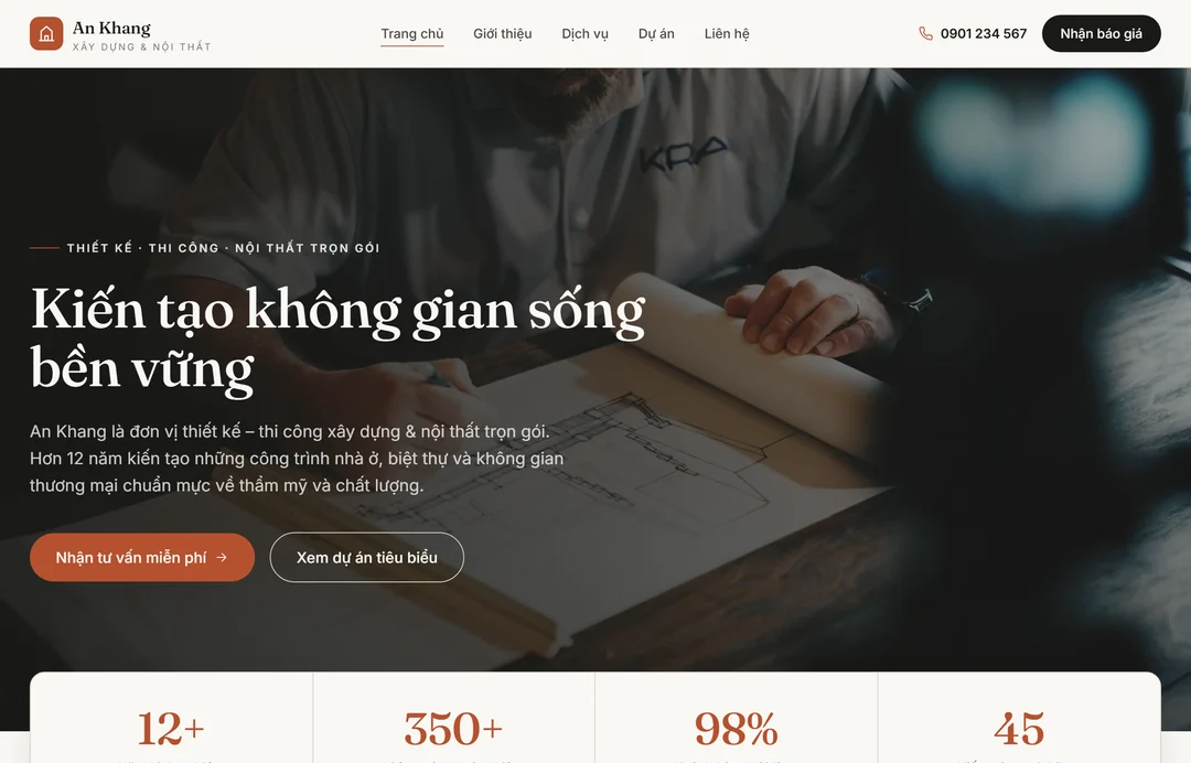 Thiết kế website xây dựng cho nhà thầu 10 Trang chủ web mẫu công ty xây dựng và nội thất An Khang do Web22 dựng, có hồ sơ công trình và form nhận báo giá