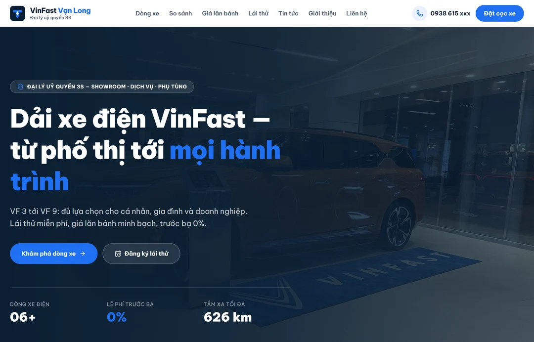 Trang chủ web mẫu đại lý ô tô điện VinFast Vạn Long do Web22 dựng, có mục dòng xe, so sánh, giá lăn bánh và đặt lái thử