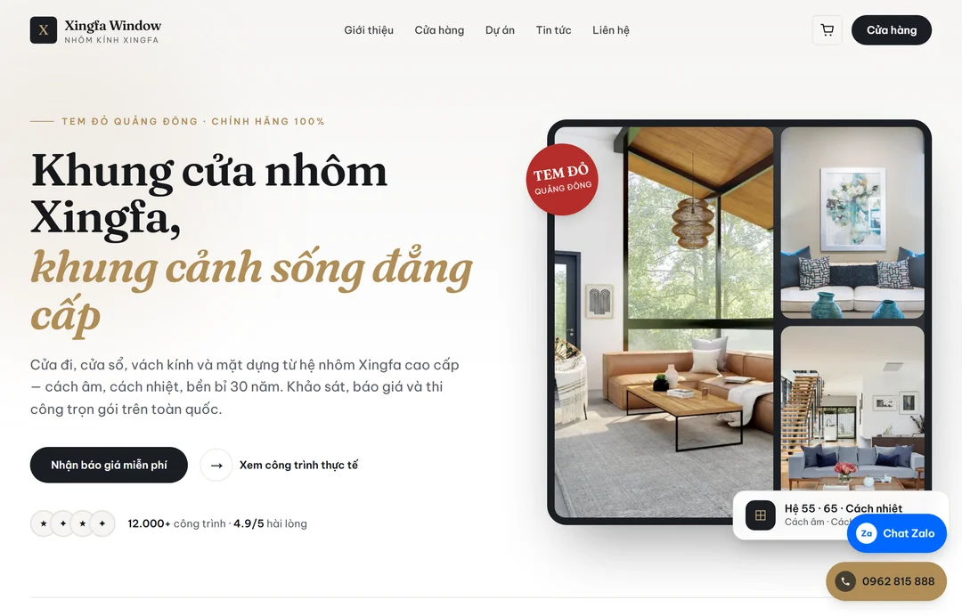 Thiết kế website cơ khí cho xưởng gia công và nhà máy chế tạo 10 Ảnh chụp giao diện web đại lý nhôm kính hệ Xingfa do Web22 thiết kế, mảng gần với cơ khí ở chỗ trưng sản phẩm kỹ thuật có thông số