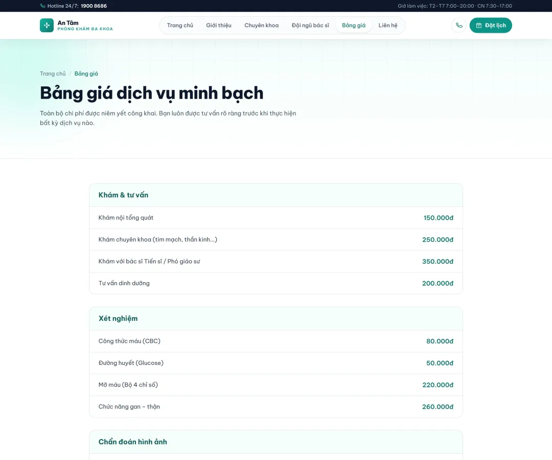 Thiết kế website nha khoa, biết trước giá và số buổi hẹn 6 Bảng giá gói khám niêm yết công khai theo từng hạng mục trên web mẫu phòng khám đa khoa An Tâm do Web22 dựng
