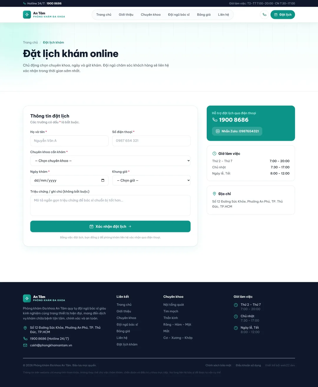 Thiết kế website nha khoa, biết trước giá và số buổi hẹn 5 Màn đặt lịch khám online trên web mẫu phòng khám đa khoa An Tâm do Web22 dựng, chọn chuyên khoa, ngày và khung giờ