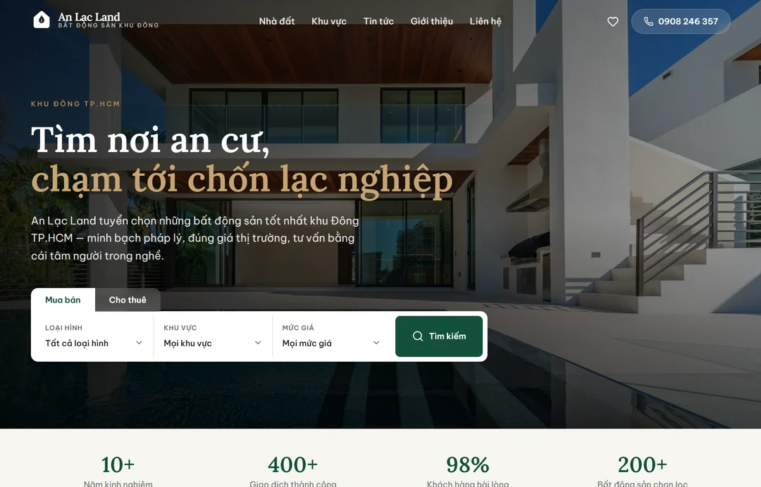 Trang chủ web mẫu sàn bất động sản An Lạc Land do Web22 dựng, có thanh tìm kiếm lọc theo loại hình, khu vực và mức giá