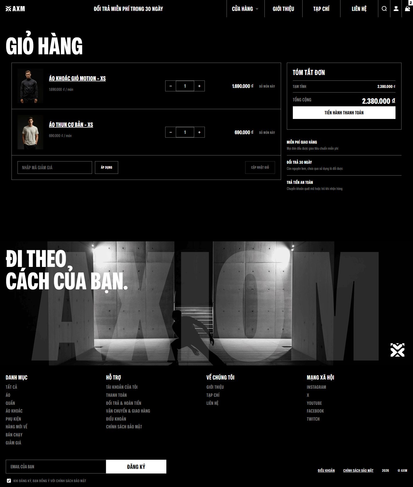 Giỏ hàng AXM với hai món và cột tóm tắt đơn