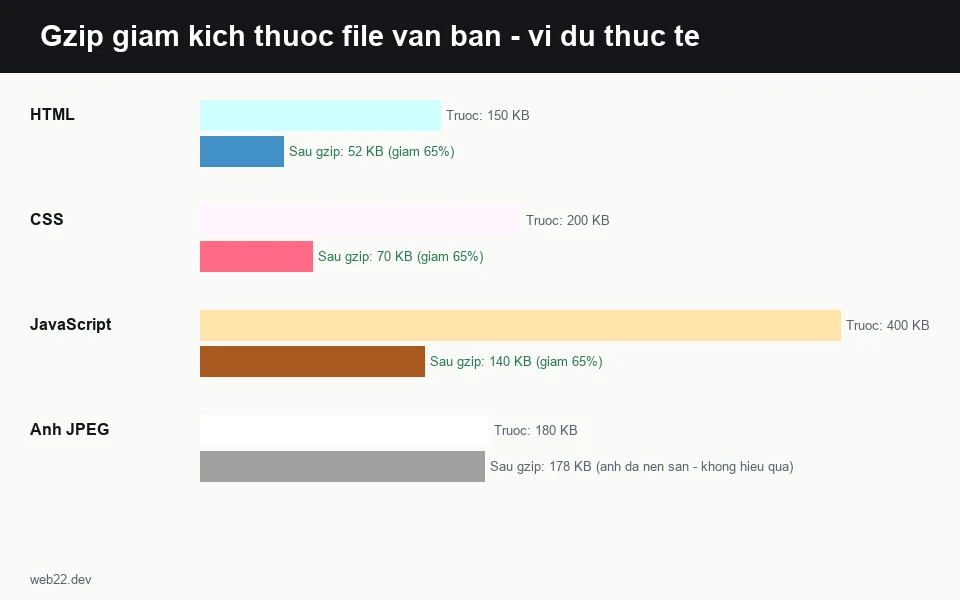 Gzip giảm kích thước file: HTML 150KB còn 52KB, CSS 200KB còn 70KB, JS 400KB còn 140KB, ảnh JPEG không đổi