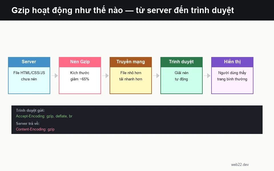Sơ đồ gzip: server nén file, truyền qua mạng file nhỏ hơn, trình duyệt giải nén tự động và hiển thị