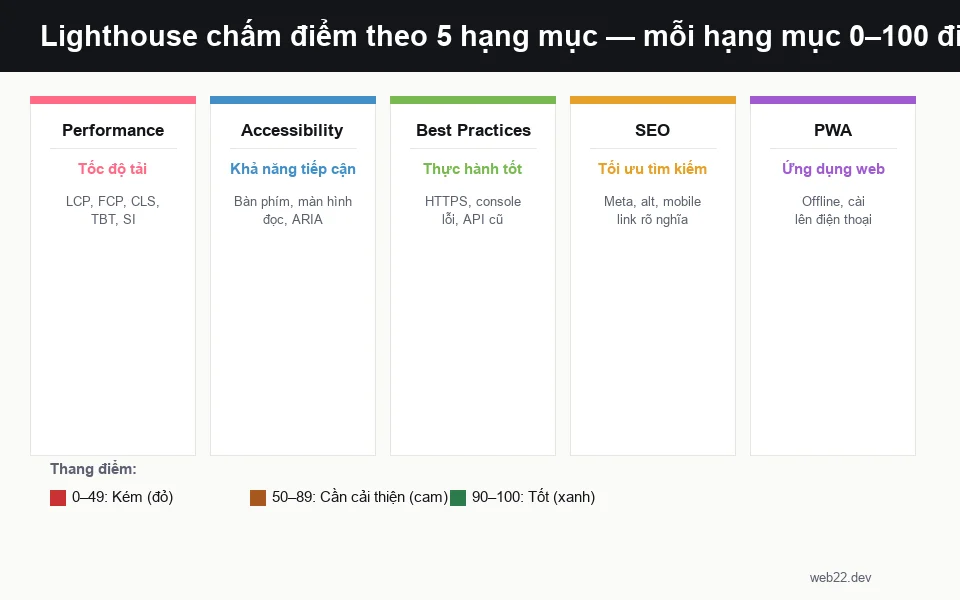 5 hạng mục Lighthouse chấm điểm: Performance, Accessibility, Best Practices, SEO, PWA với thang điểm 0-100