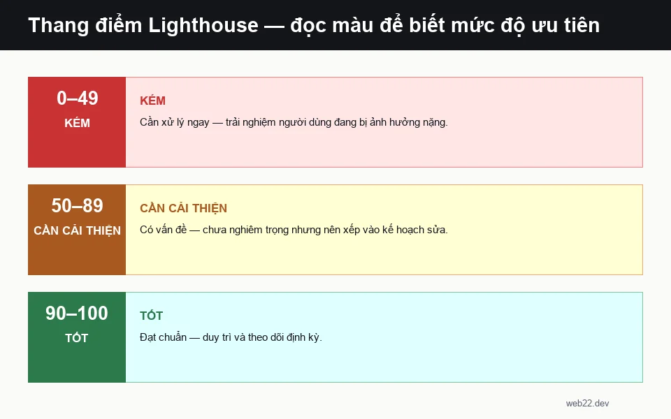 Thang điểm Lighthouse: 0-49 kém đỏ, 50-89 cần cải thiện cam, 90-100 tốt xanh