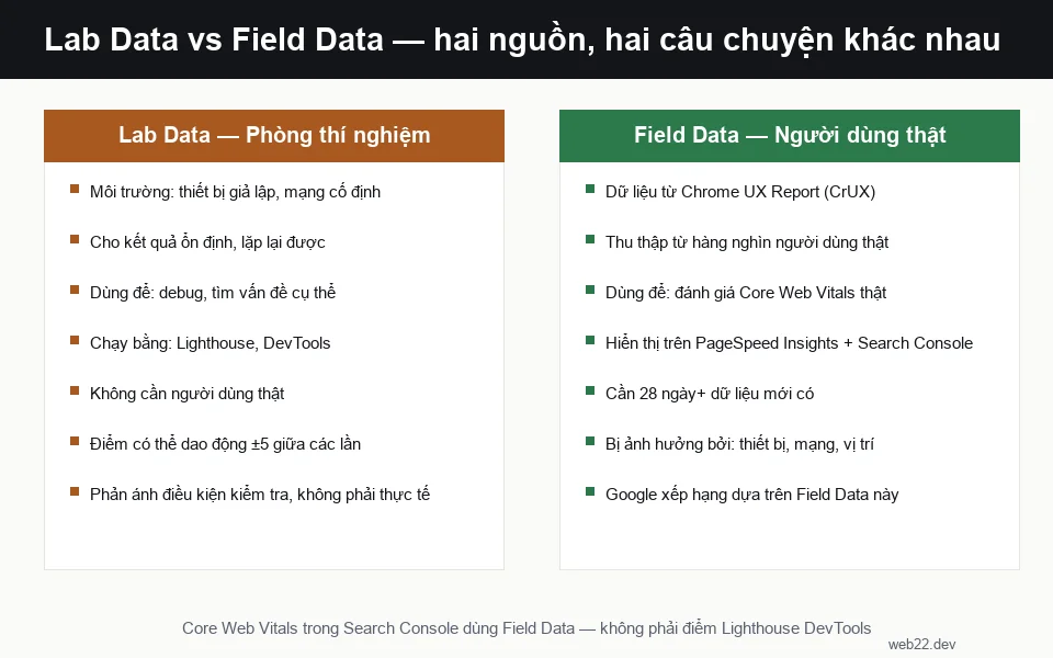 So sánh Lab Data và Field Data trong Lighthouse và PageSpeed Insights