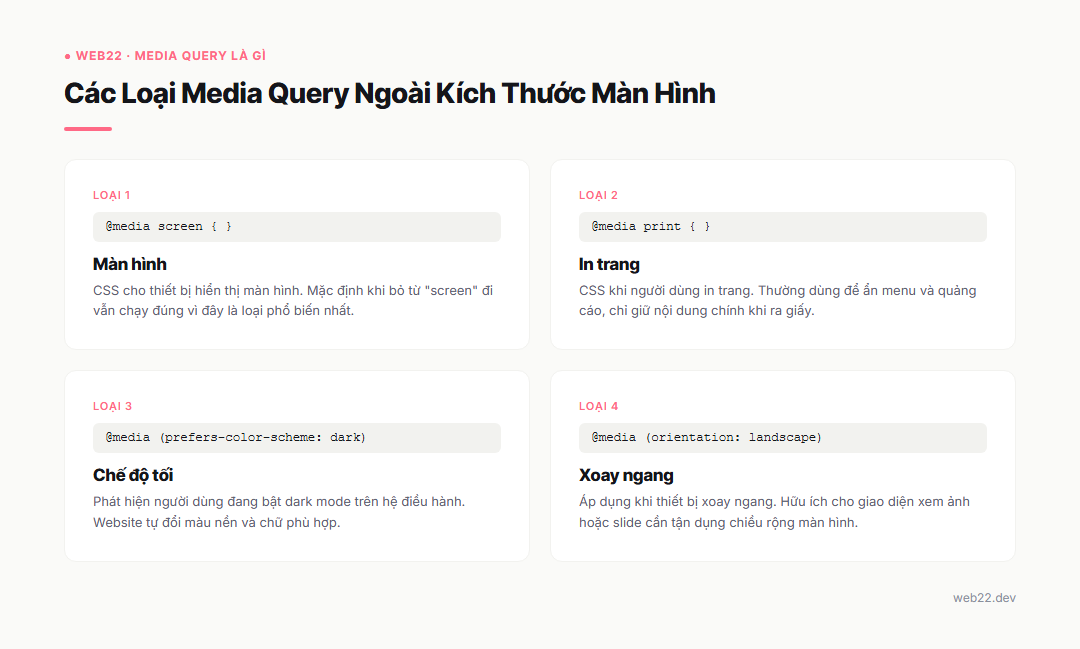 Media Query Là Gì và Cách Dùng Trong Thiết Kế Website Responsive 5 Các loại media query ngoài kích thước màn hình: screen, print, prefers-color-scheme và orientation
