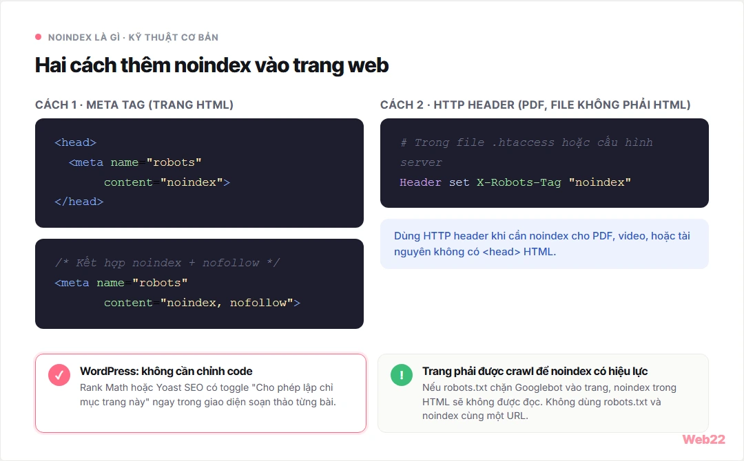 Sơ đồ hai cách thêm noindex: meta tag trong phần head của HTML cho trang web thông thường, và HTTP header X-Robots-Tag cho PDF và tài nguyên không phải HTML