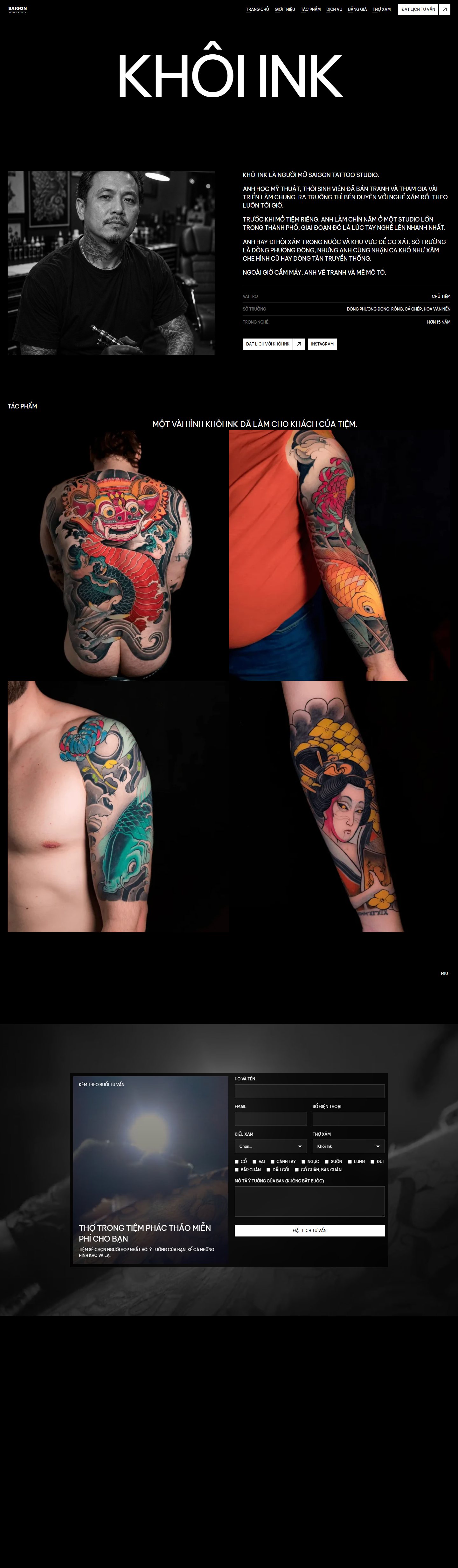 Trang hồ sơ thợ xăm Khôi Ink kèm tác phẩm tiêu biểu