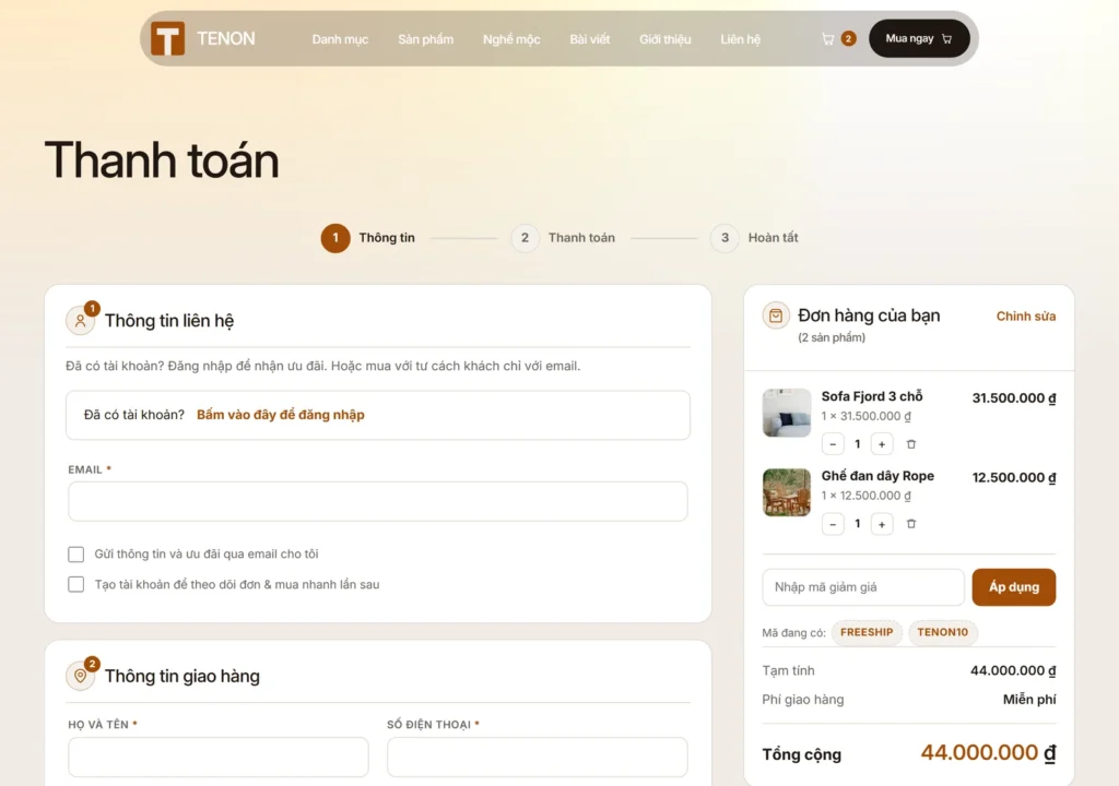Web22 Checkout 1 Giao diện thanh toán một trang của plugin Web22 Checkout: thông tin giao hàng bên trái, tóm tắt đơn bên phải