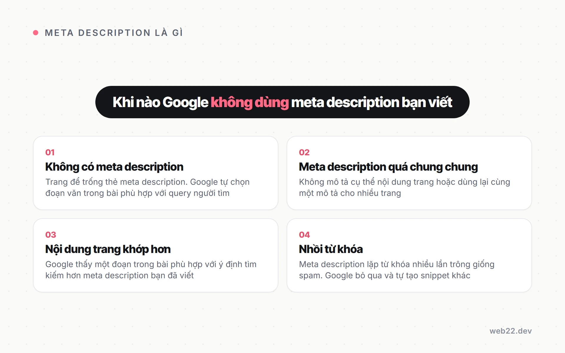 Meta description là gì và vai trò thật sự của nó với số người bấm vào trang bạn 4 Bốn trường hợp Google không dùng meta description bạn viết: để trống, quá chung chung, nội dung trang phù hợp hơn, nhồi từ khóa