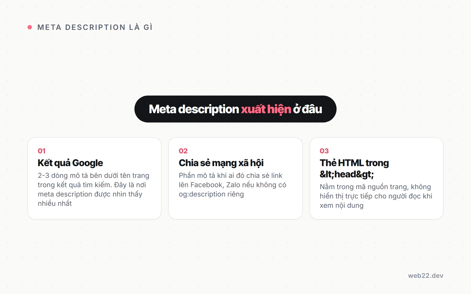 Meta description là gì và vai trò thật sự của nó với số người bấm vào trang bạn 2 Meta description xuất hiện ở ba nơi: trong kết quả tìm kiếm Google, khi chia sẻ mạng xã hội và trong mã nguồn trang