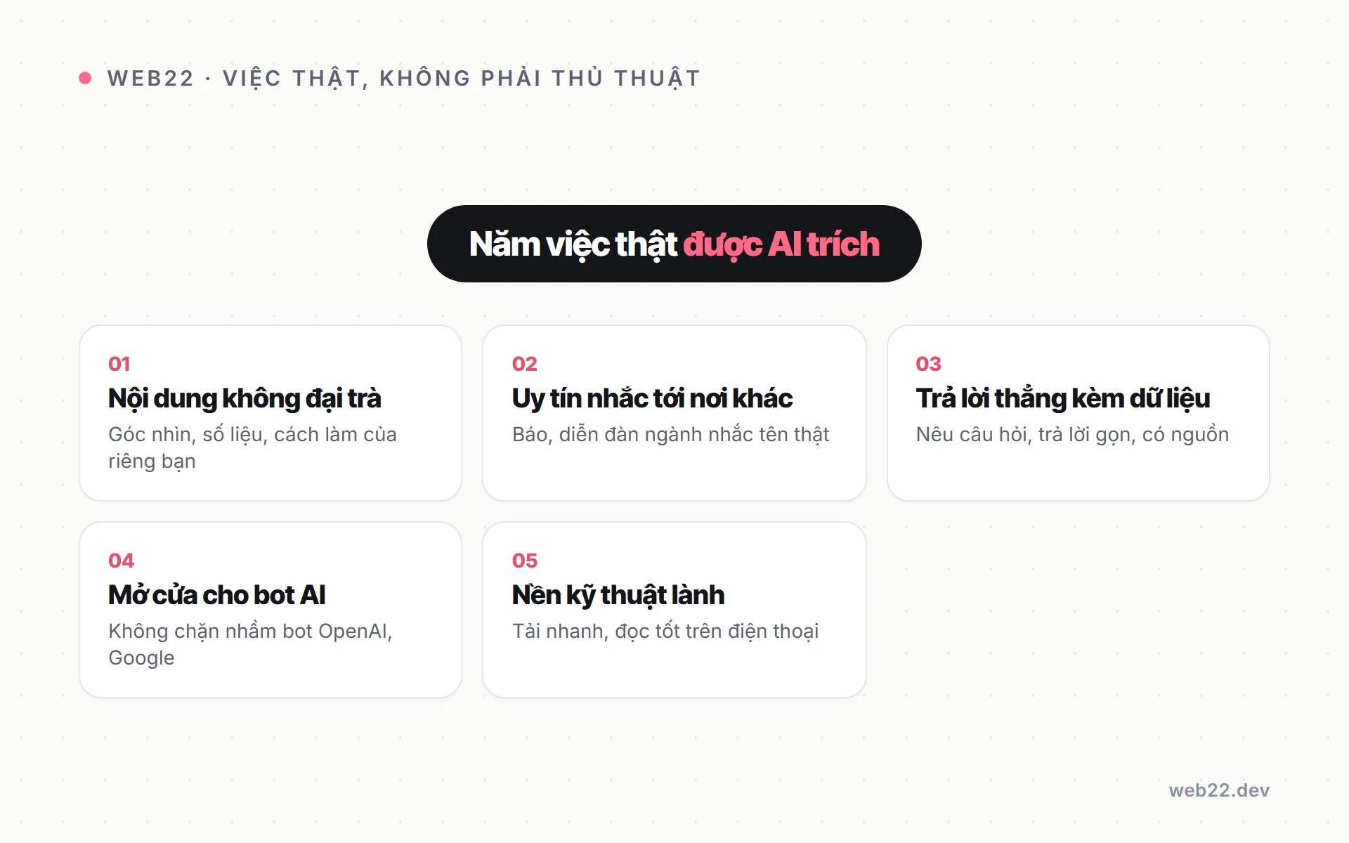 Website sẵn sàng để máy AI nhắc tới, không cần thủ thuật mới 6 Sơ đồ năm việc thực sự giúp website được AI trích dẫn: nội dung không đại trà, uy tín thật, trả lời thẳng kèm dữ liệu, mở cửa cho bot AI, nền kỹ thuật lành