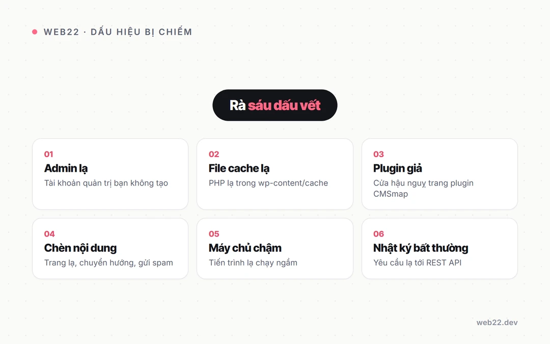 wp2shell là gì và website WordPress của bạn có nằm trong tầm ngắm không 4 Sơ đồ sáu dấu hiệu website WordPress đã bị chiếm qua wp2shell: tài khoản admin lạ, file PHP lạ trong thư mục cache, plugin giả CMSmap, chèn nội dung lạ, máy chủ chậm, nhật ký bất thường
